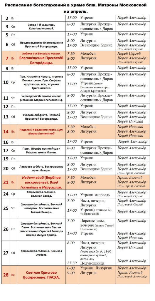 Расписание богослужения в храме матроны блаженной